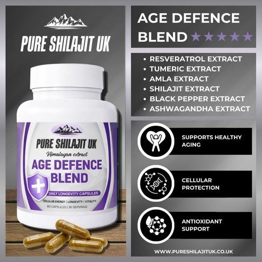 Age Defence Blend Capsules | Resveratrol, Turmeric 95%, Amla & Shilajit | 60-720 Caps