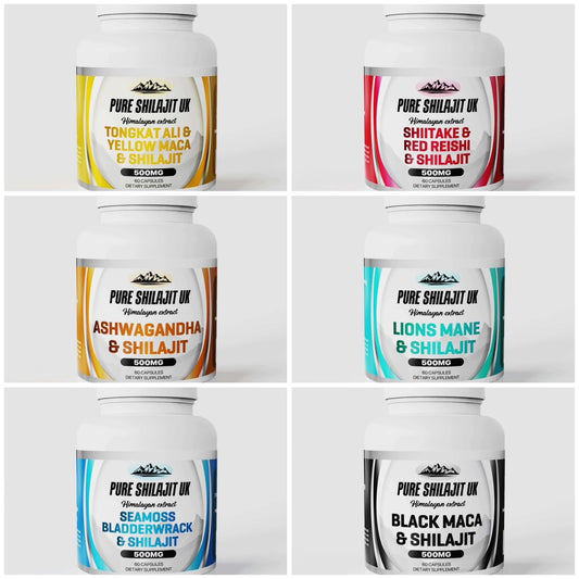 Pure Shilajit UK Tongkat Ali & Yellow Maca & Shilajit, Ashwagandha, Lions Mane, Black Maca, Red Reishi, Seamoss Extract Capsules - Premium Ayurvedic Supplement for Stress Relief, Energy Boost, and Wellness Support - Organic and Vegan Capsules