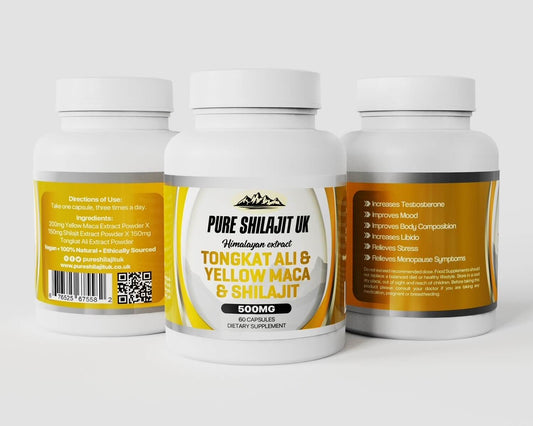 Pure Shilajit UK Tongkat Ali & Yellow Maca & Shilajit Extract Capsules - Premium Ayurvedic Supplement for Stress Relief, Energy Boost, and Wellness Support - Organic and Vegan Capsule